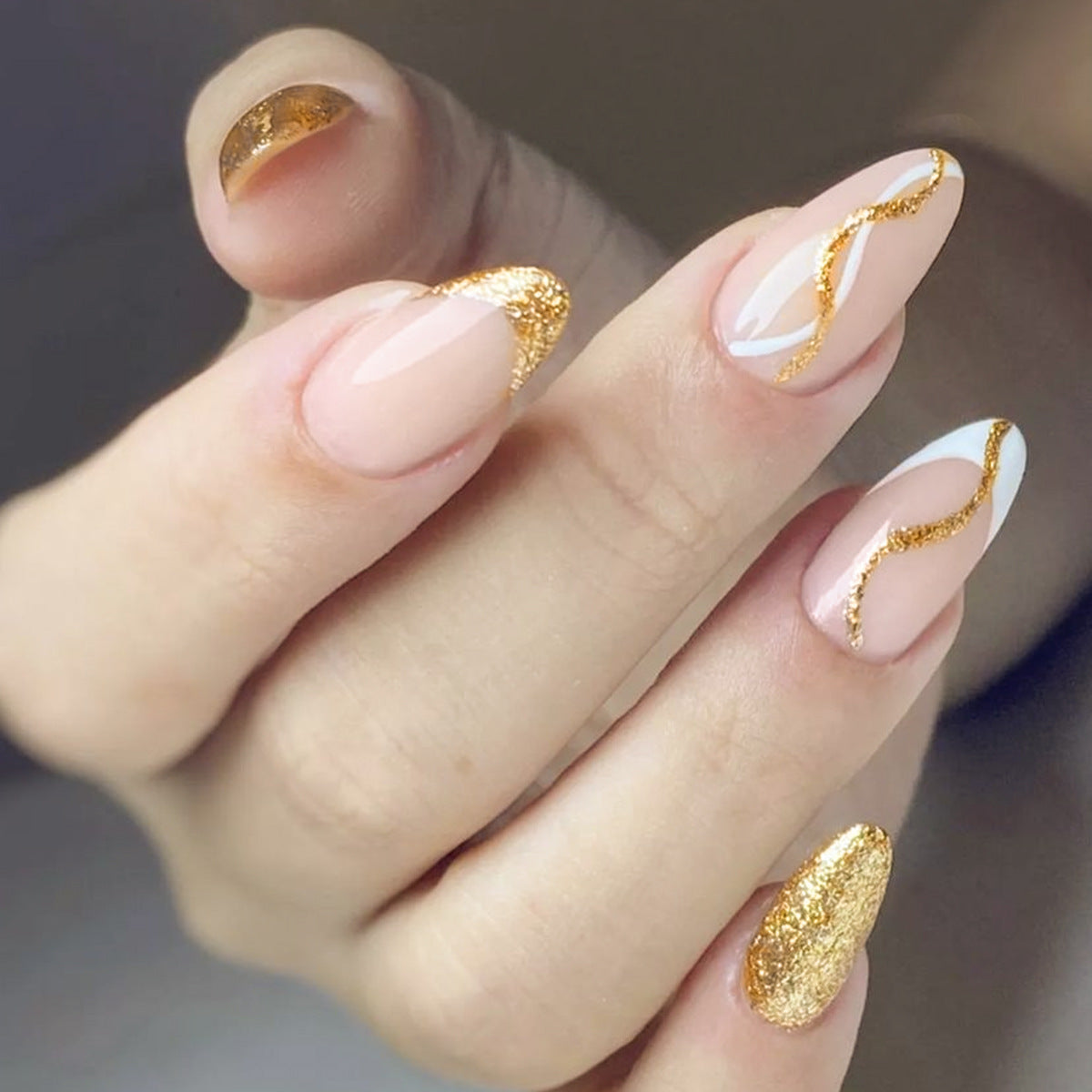 Golden Glamour Long Almond Beige and White Press On Nail Set with Sparkling Gold Accents