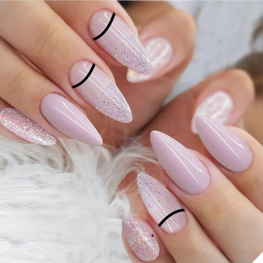 Elegant Fairy Dust Collection Medium Almond Pale Pink Glitter Gradient Press-on Nail Set