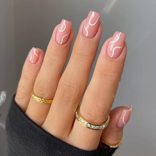 Elegant Charm Medium Square Blush Pink Press On Nails with Swirl Accent Design