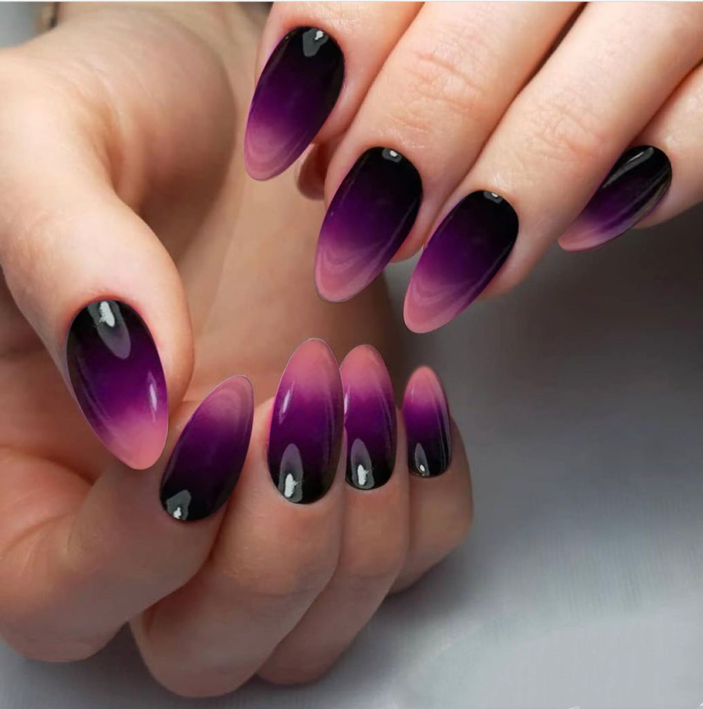 Midnight Magic Medium Almond Shaped Press On Nail Set, Gradient Purple to Black with Glossy Finish