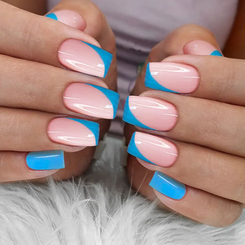 Summer Breeze Medium Square Pink and Blue French Tip Press On Nail Set with Duo-Tone Design