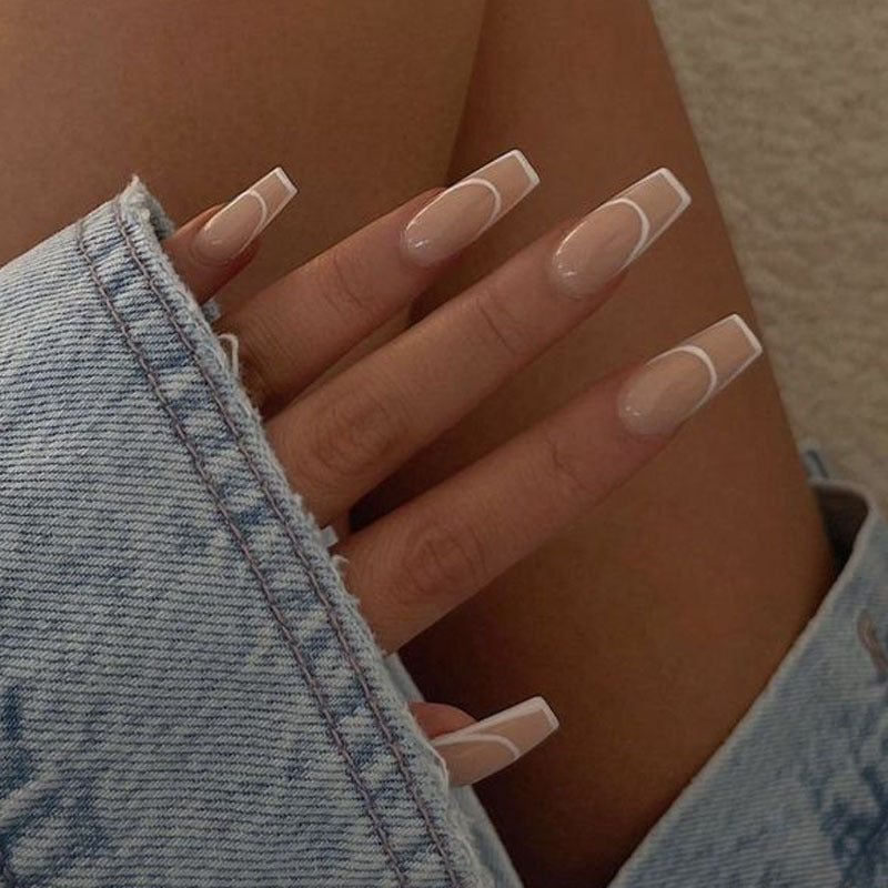 Denim Dream Long Coffin French Tip Beige Press On Nail Set with Natural Look Design