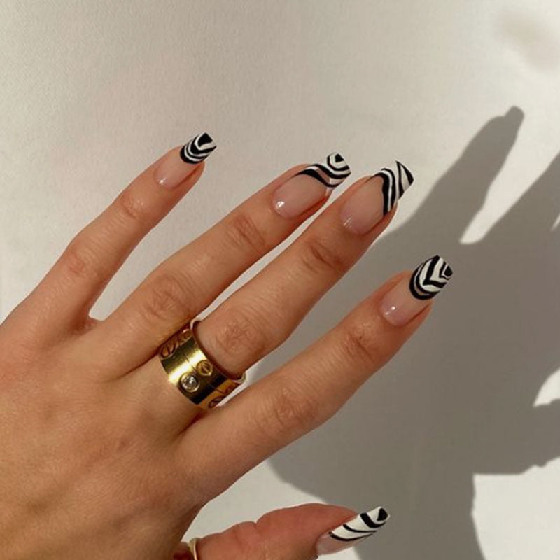 Safari Elegance Medium Coffin Black and White Zebra Stripe Press On Nail Set