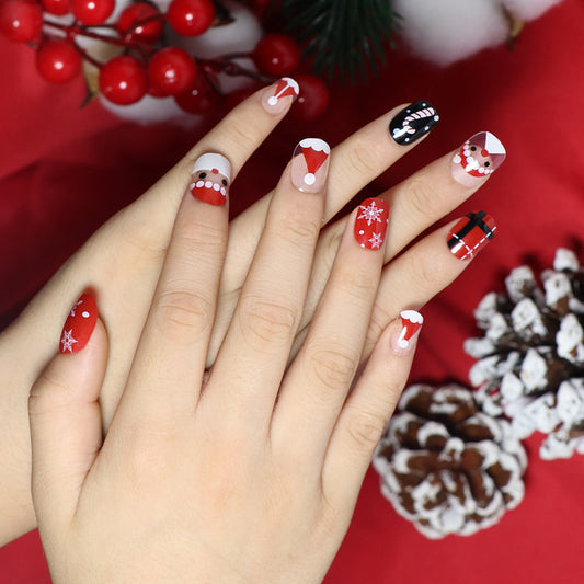 Winter Wonderland Medium Length Squoval Shape Red and White Press On Nail Set with Holiday Patterns