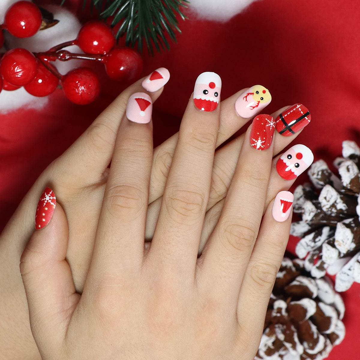 Festive Holiday Cheer Short Squoval Red and White Press On Nail Set with Snowflake and Santa Accents