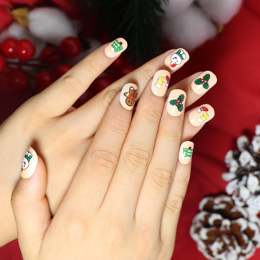 Kid's Festive Holiday Charm Short Length Squoval Beige Christmas Press On Nail Set with Festive Designs