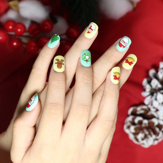 Festive Holiday Charm Short Squoval Multicolor Press On Nail Set with Christmas-Themed Artwork