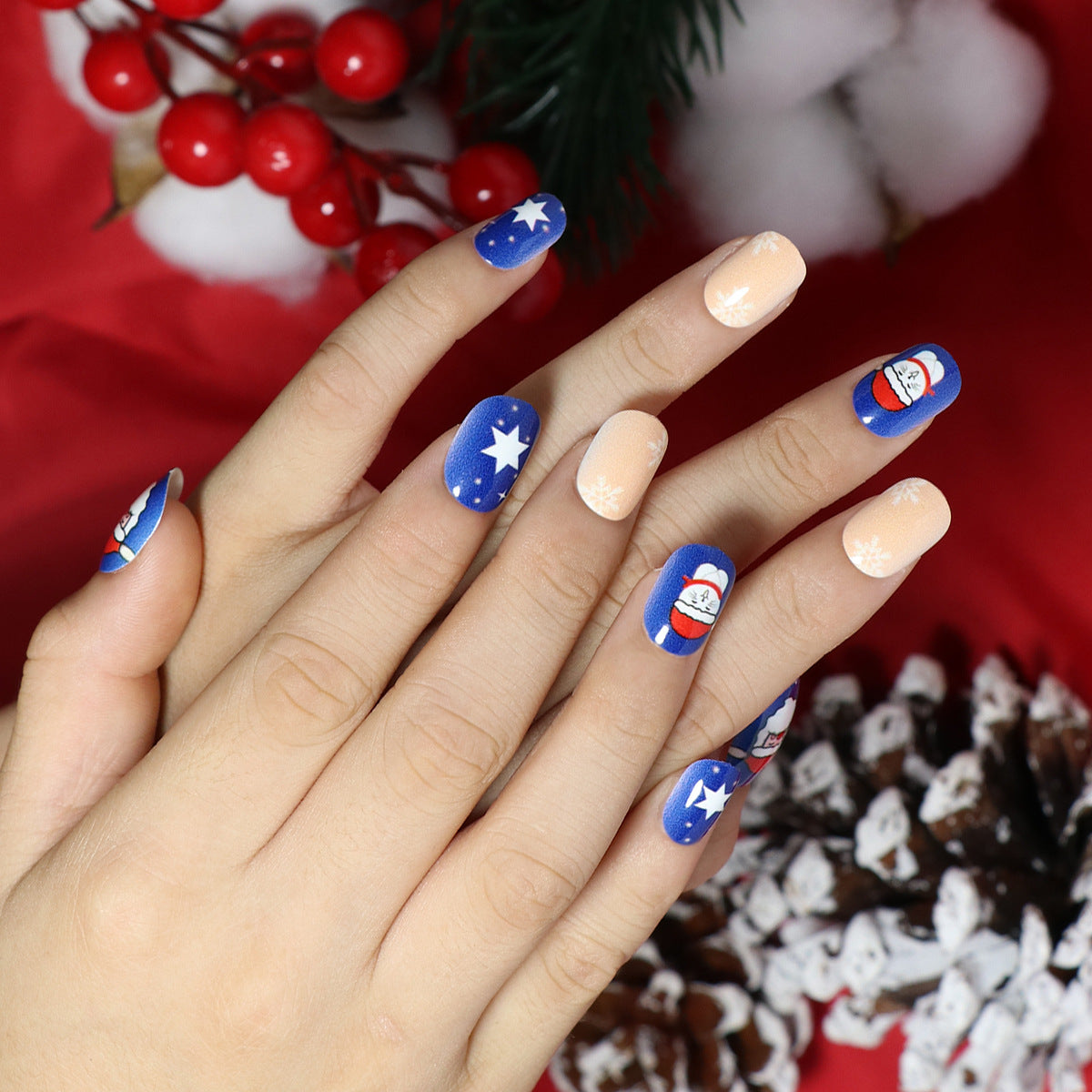 Winter Wonderland Short Squoval Blue and Beige Press On Nails with Festive Snowflake Design