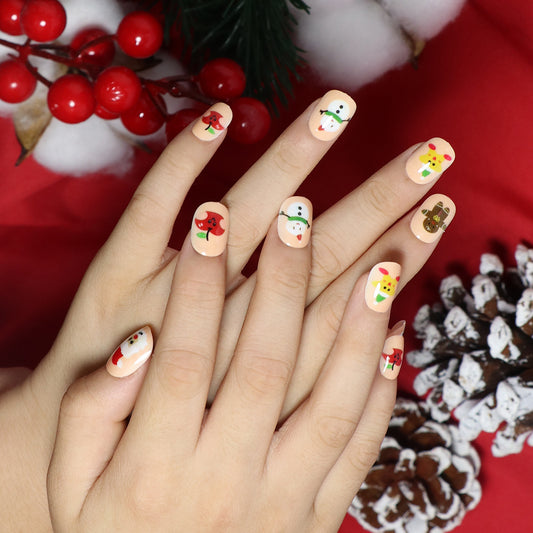 Festive Holiday Spirit Short Squoval Peach Press On Nail Set with Cute Christmas Characters Design