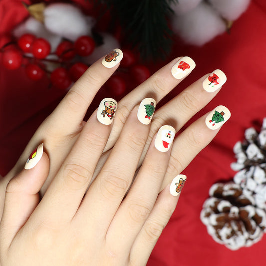 Festive Holiday Charm Short Squoval Off-White Press On Nail Set with Christmas Character Designs