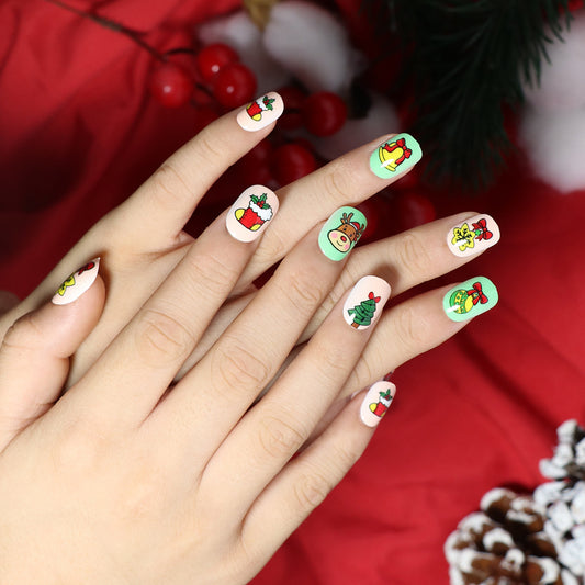 Holiday Festive Medium-Length Squoval Press On Nail Set, Multi-Color with Christmas Patterns Design