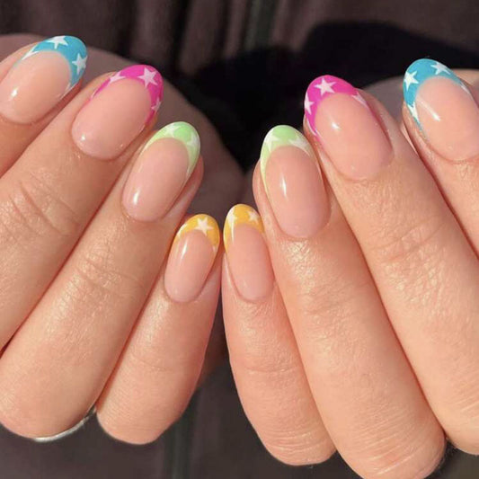 Celestial Glow Medium Round Multicolor Starry Press On Nail Set with Ombre Design
