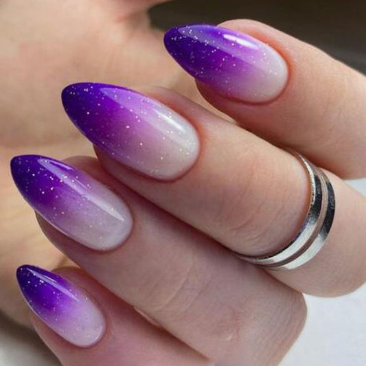 Galactic Ombre Medium Almond Press On Nails in Purple with Glitter Accents