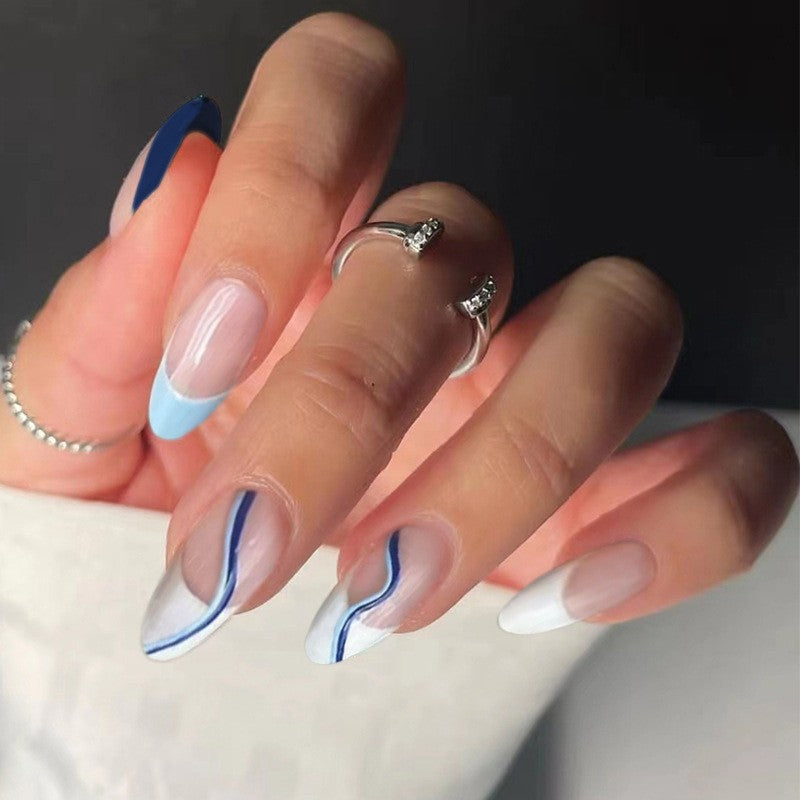 Ocean Elegance Long Almond Sky Blue and White Gradient Press On Nail Set with Chic Wave Accent
