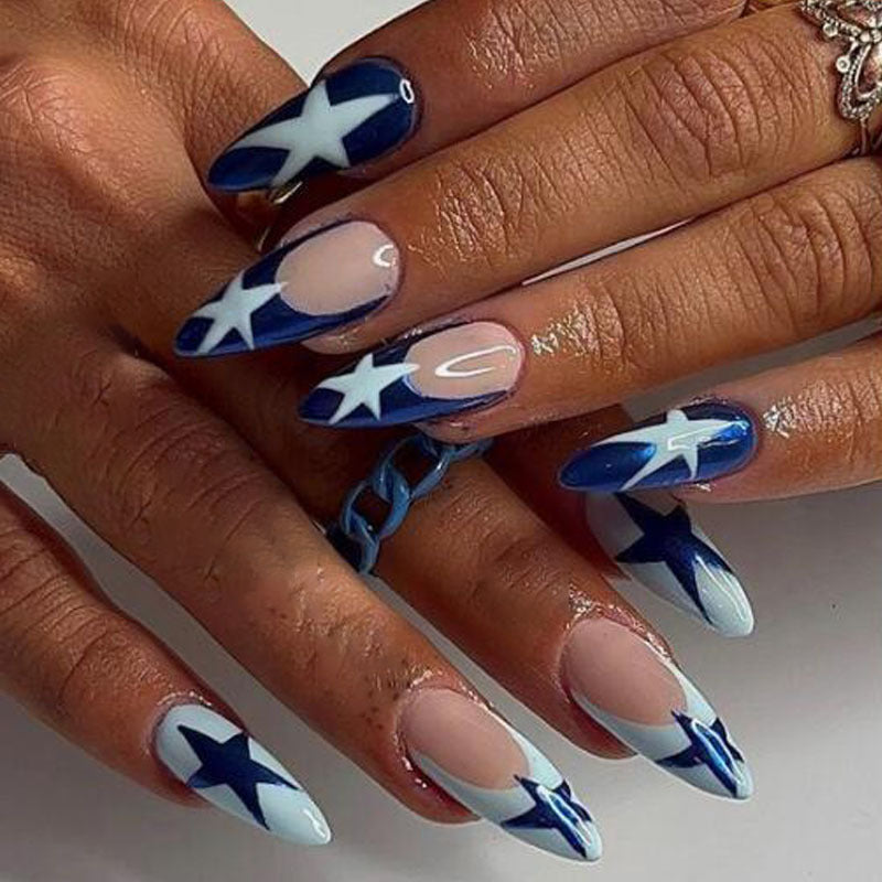 Nautical Adventure Long Almond Navy Blue & White Press On Nail Set with Star Accents