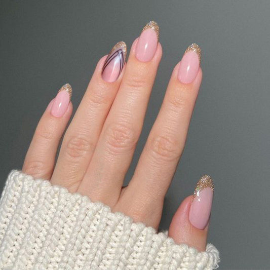 Elegant Affair Long Oval Pale Pink Glitter Accented Press on Nail Set with Marble Art Design