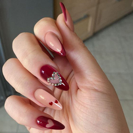 Romantic Elegance Long Almond Burgundy & Beige Press On Nail Set with Rhinestone Heart Accent