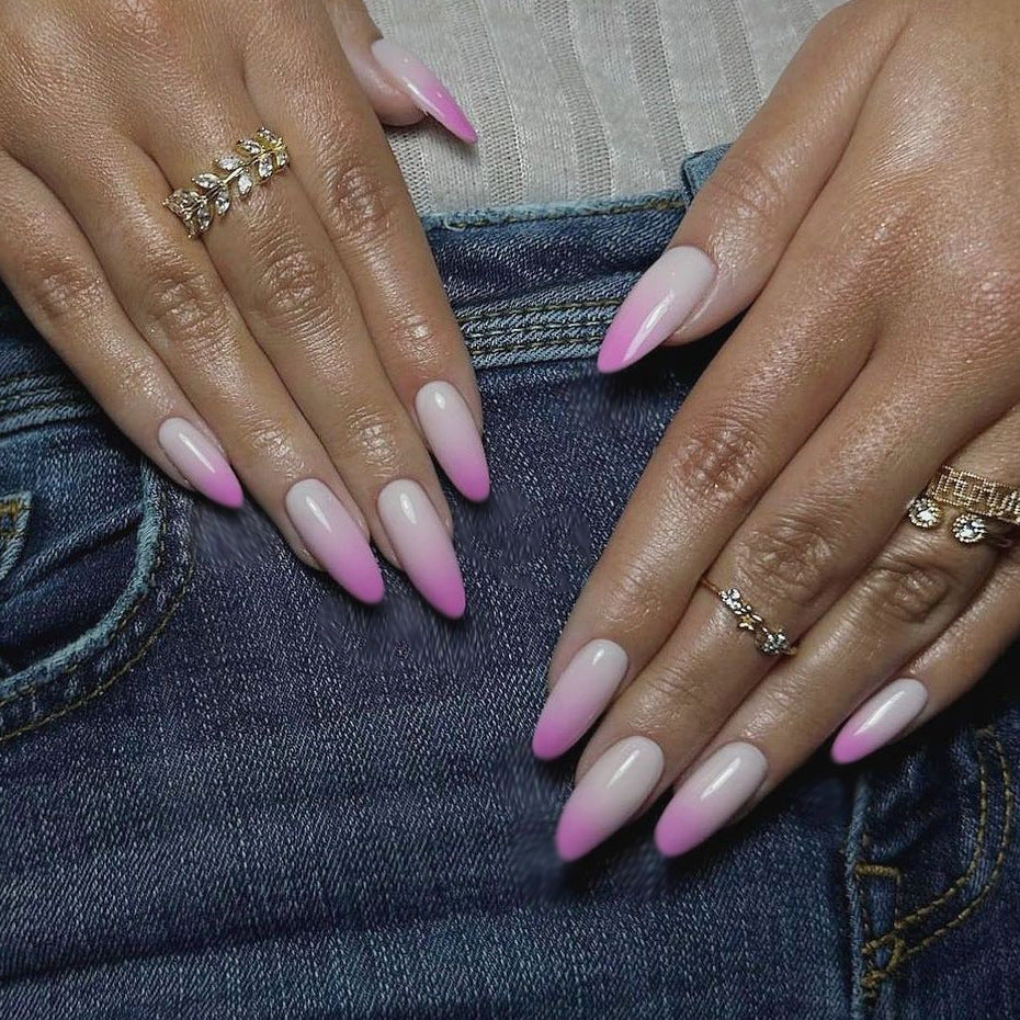 Elegant Ombre Charm Long Stiletto Pink Gradient Fake Nail Set with Glossy Finish