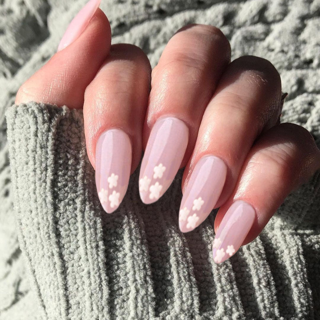 Spring Blossom Elegant Long Almond Pale Pink Press On Nails with Delicate Flower Accents