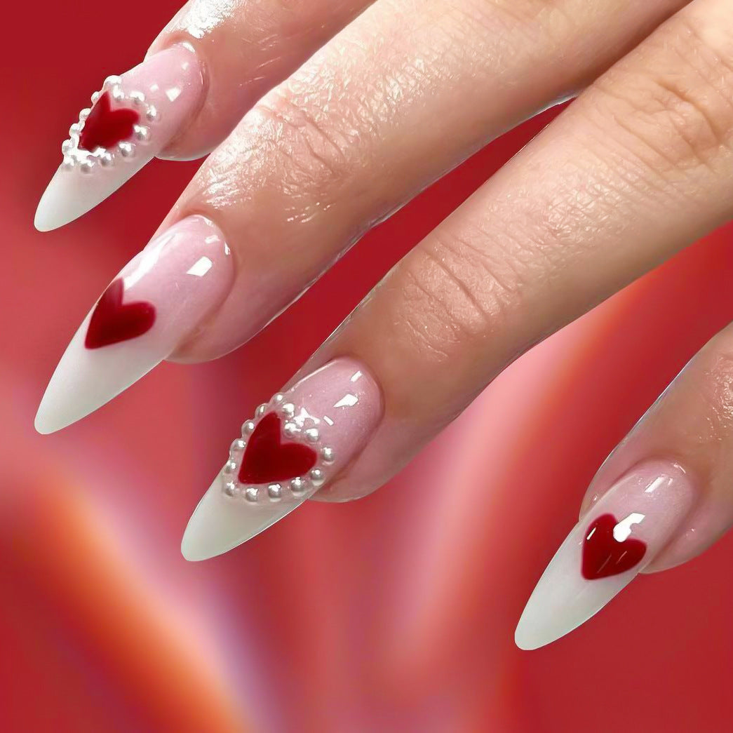 Valentine's Day Long Almond Ombre Pink Press On Nails with Love Heart Accents and Pearl Embellishments