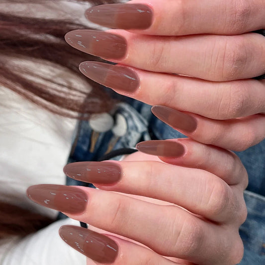 Autumn Chic Extra Long Almond Rich Chocolate Brown Press On Nail Set with Subtle Sparkle Accents