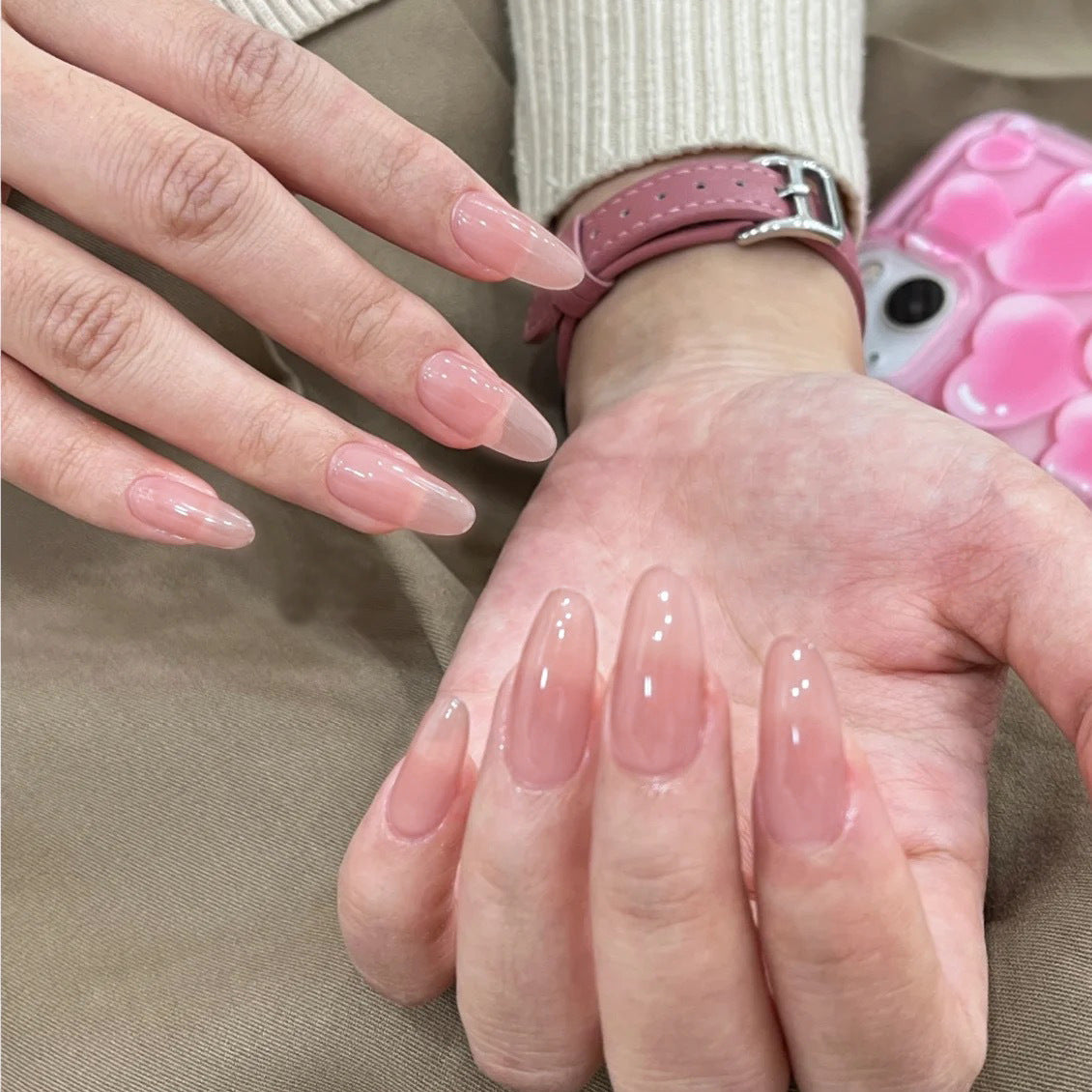 Elegant Chic Extra-Long Almond Pink Glue-On Nail Set with Glossy Finish