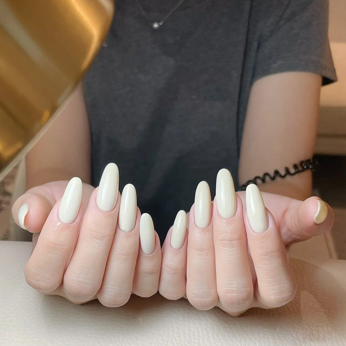 Elegant Ivory Oasis Long Oval Shape Cream Press On Nails with Glossy Finish Set