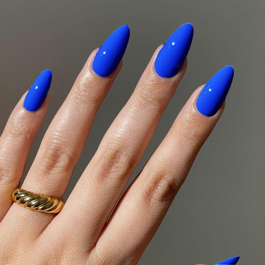 Ocean Bliss Long Almond Royal Blue Press On Nails with Glossy Finish Set