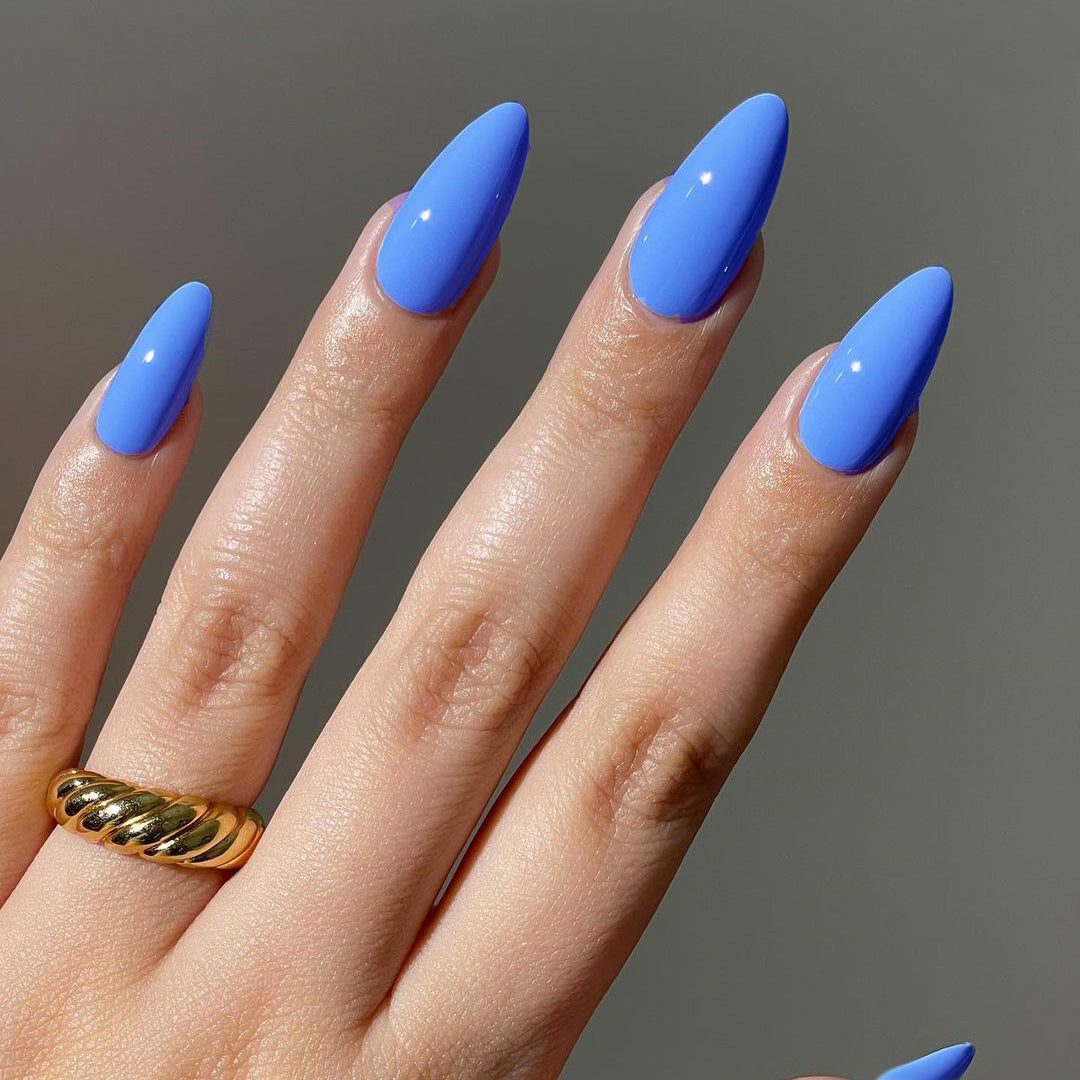 Ocean Bliss Medium Almond Sky Blue Press On Nail Set with Glossy Finish