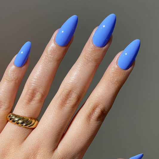 Ocean Bliss Medium Almond Sky Blue Press On Nail Set with Glossy Finish