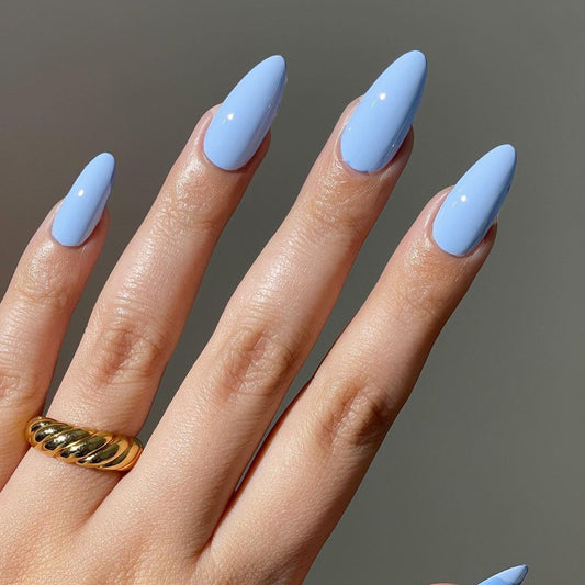 Elegant Sky Serenity Long Almond Shape Press On Nails in Soft Pastel Blue