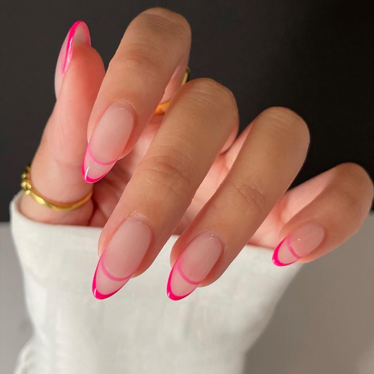 Elegant Summer Glow Long Almond Clear Pink Neon-Tipped Press On Nail Set