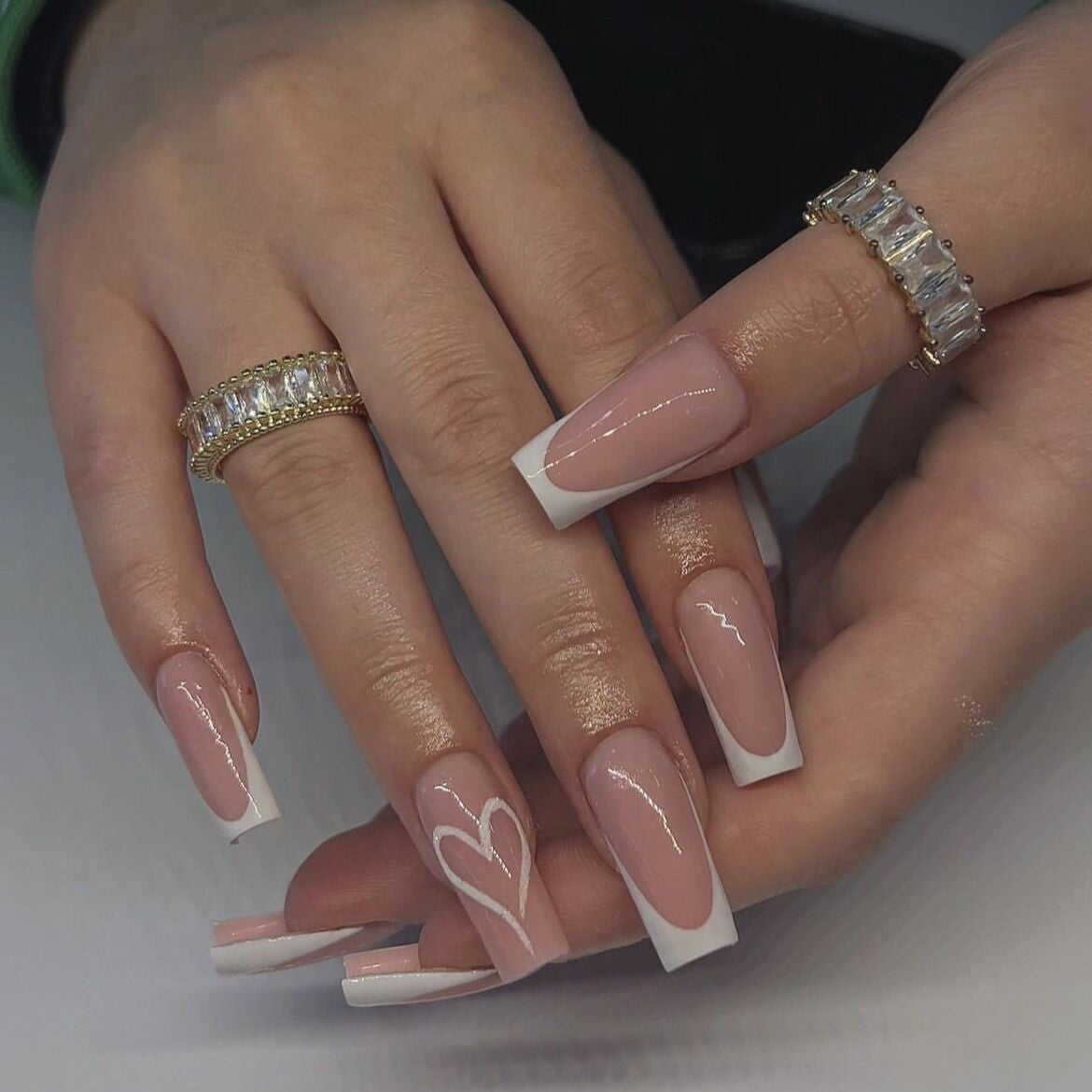 Elegant Romance Long Coffin Beige Press On Nail Set with White Accent Heart Design
