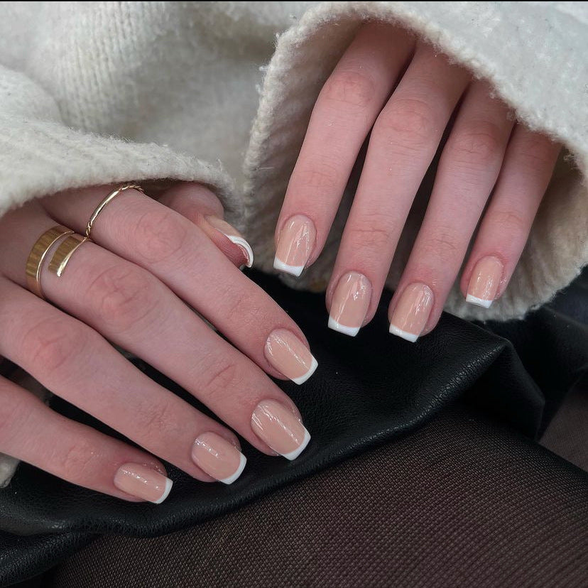 Elegant French Manicure Medium Square Natural Beige with White Tips Press On Nail Set - High Gloss Finish