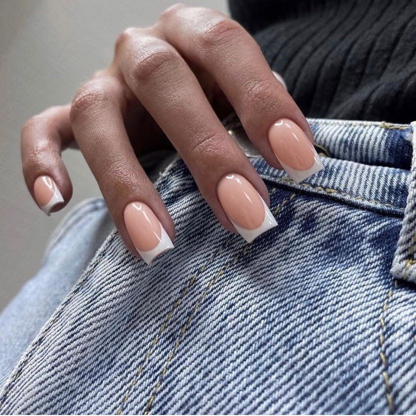 Elegant Chic French Manicure Medium Square Tip Beige and White Press On Nail Set with Dual-Tone Design