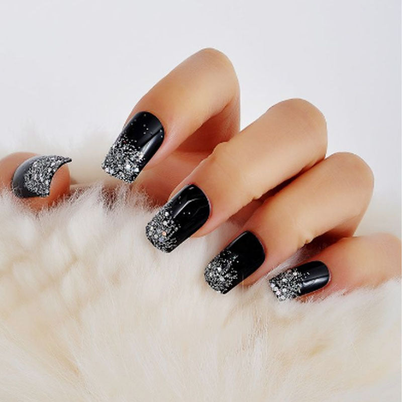 Midnight Elegance Medium Square Black Press On Nails with Silver Glitter Accents