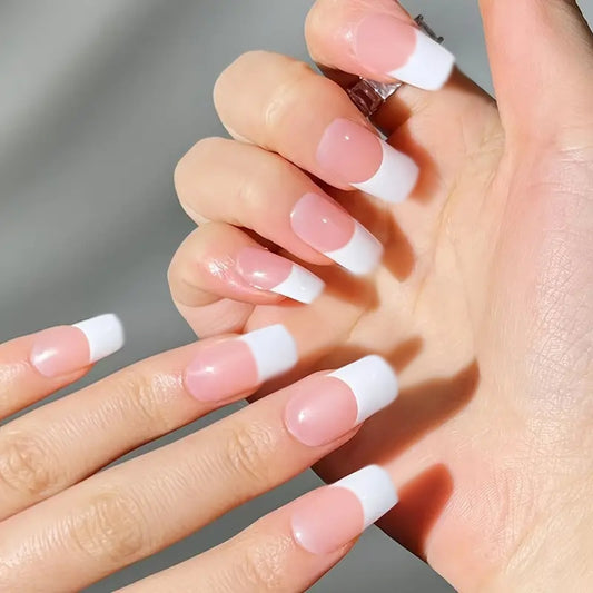 Elegant Bridal Extra Long Square Pink and White Ombre Press On Nail Set with Glitter Accent