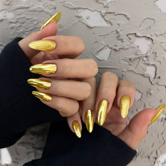 Golden Glamour Long Stiletto Shimmering Yellow Press On Nail Set with Metallic Sheen