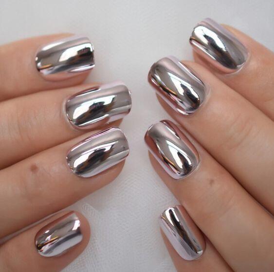 Futuristic Chrome Mirror Finish Medium-Length Squoval Press On Nail Set in Metallic Silver with High-Shine Reflective Surface