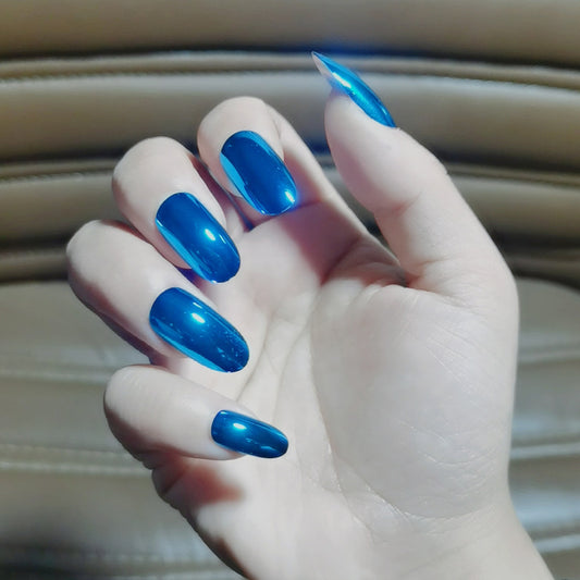Deep Ocean Long Oval Metallic Blue Press On Nails with High Gloss Finish