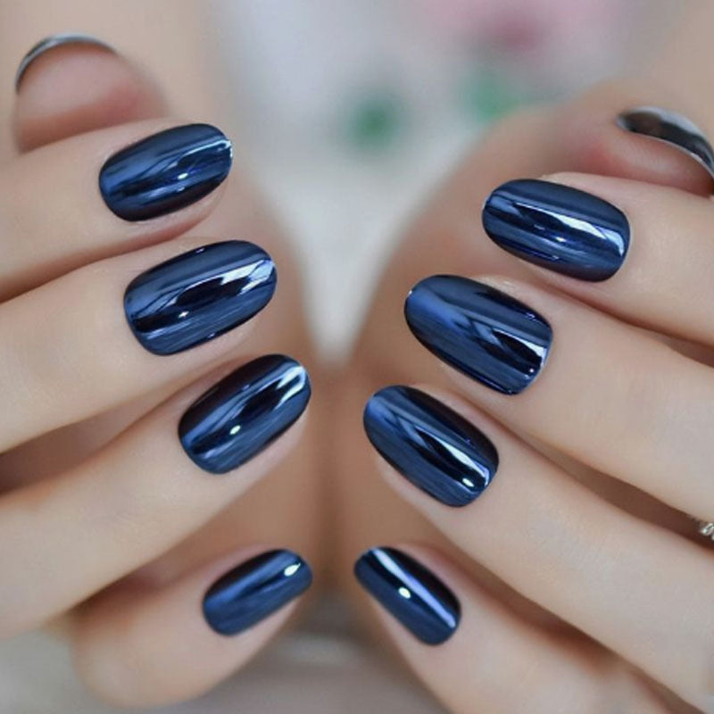 Midnight Elegance Short Oval Navy Blue Press On Nails with High Gloss Finish