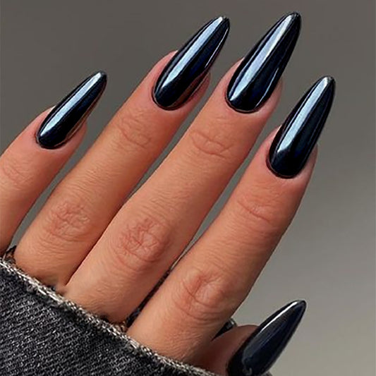 Midnight Elegance Long Stiletto Black Press On Nail Set with High Gloss Finish
