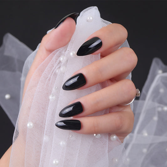 Midnight Elegance Medium Almond Black Press On Nails with Glossy Finish