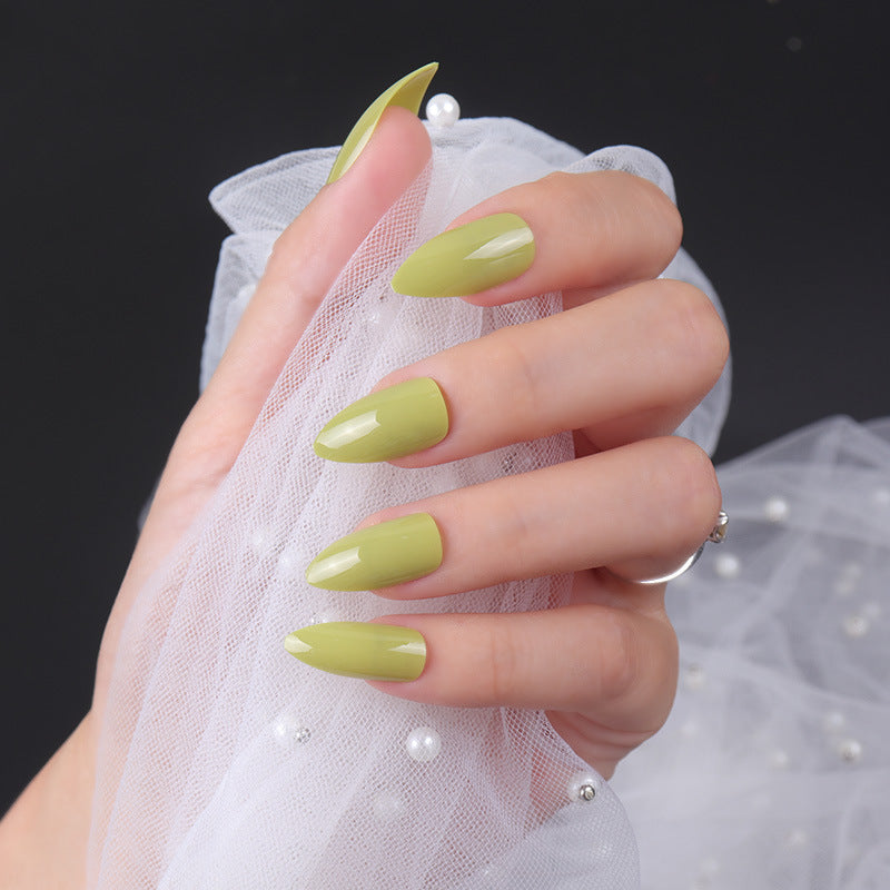 Enchanted Garden Medium Almond Olive Green Press On Nail Set with Glossy Finish