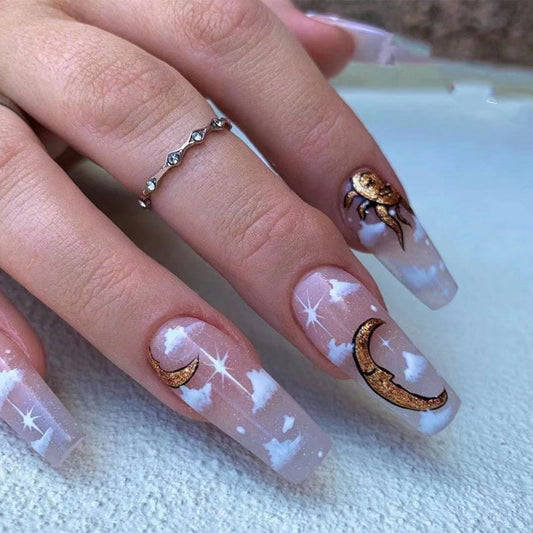 Greek Moon and Sun Long Square Beige Astrology Press On Nails