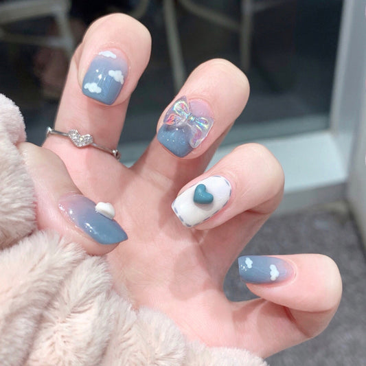 Head In The Clouds Short Square Blue Stitched Press On Nails