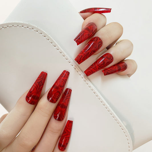 Rose Bouquet Long Coffin Red Valentine's Day Press On Nails