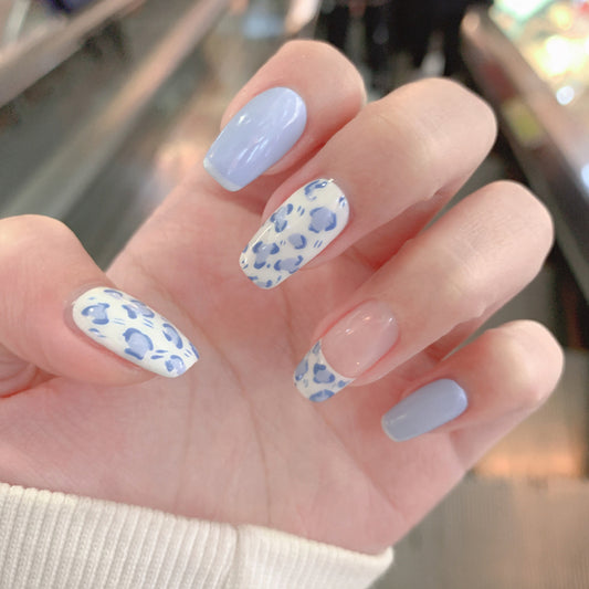 Porcelain Cow Long Square Blue Animal Pattern Press On Nails