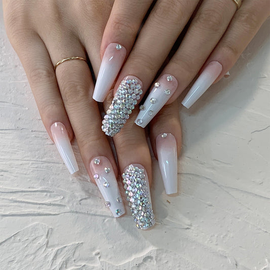 Take A Number Long Coffin White Studded Press On Nails