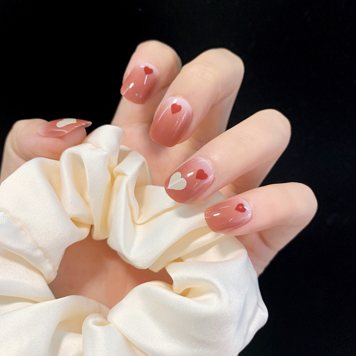 Romantic Affair Medium Square Mauve Press On Nails with Heart Accents